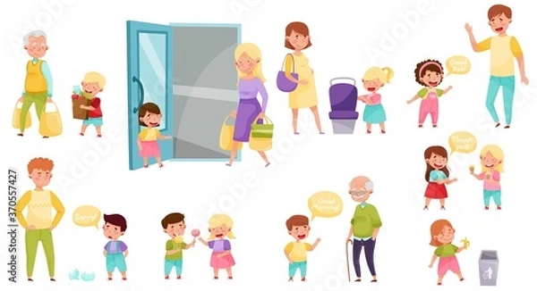 Obraz Little Boy and Girl Sharing Treats and Yielding Seat Vector Illustration Set