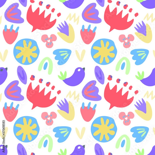 Fototapeta Flat vector illustration for wrapping paper, wallpaper.Abstract colorful doodle seamless pattern. Trendy elements and objects - curves, dots, spots, stars. Flowers and leaves on white background .