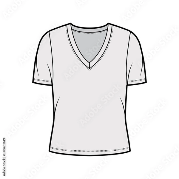 Fototapeta Deep V-neck jersey t-shirt technical fashion illustration with short sleeves, oversized body. Flat top apparel template front, grey color. Women, men unisex outfit CAD mockup
