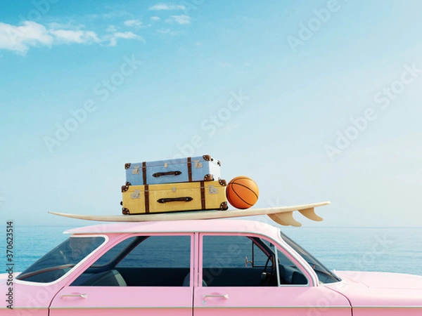 Obraz Różowy samochód stary zegar z deską surfingową, walizkami i koszykówką na górze nad oceanem, ilustracja lato 3D w tle