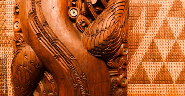 Obraz Carved panels inside of Maori meeting house in Waitangi, New Zealand