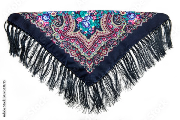 Obraz top view on folded pink cotton scarf with fringe and colorful floral ornament