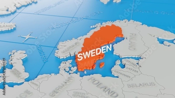 Fototapeta Sweden highlighted on a white simplified 3D world map. Digital 3D render.