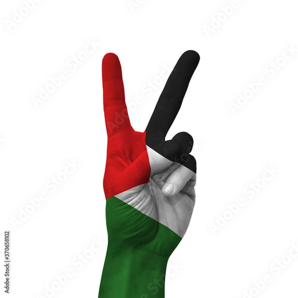 Obraz Hand making victory sign, palestine painted with flag as symbol of victory, win, success - isolated on white background