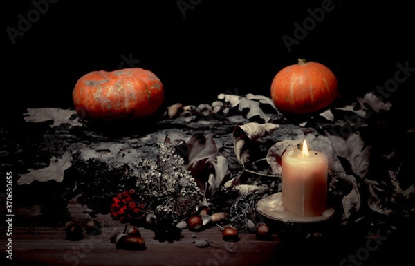 Fototapeta Altar of a forest witch in the dark. Pumpkins, candle, nuts, dry black leaves, selected focus, low key