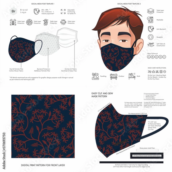 Fototapeta Abstract, Floral Print, Navy, Light, Dark, Flower, Background Pattern Seamless Design for Face Mask, Pillow, Print, Fashion, Clothing, Fabric, Mockup Template Protective Face Mask Seamless Vector