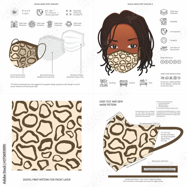 Fototapeta Face Mask Background Design, Animal Print, Giraffe Pattern, Fabric, Protective Face Mask, Mockup Template, Seamless Print Vector, Abstract, Printable, Digital Printing