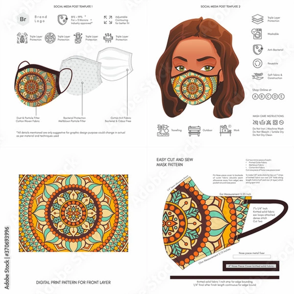 Fototapeta Face Mask Background Design, Raksha Bandhan Traditional Print, Ethnic Pattern, African, Stylish, Fabric, Protective Face Mask Mockup Template, Seamless Print Vector, Abstract