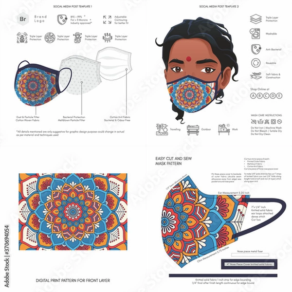 Fototapeta Face Mask Background Design, Raksha Bandhan Traditional Print, Ethnic Pattern, African, Stylish, Fabric, Protective Face Mask Mockup Template, Seamless Print Vector, Abstract