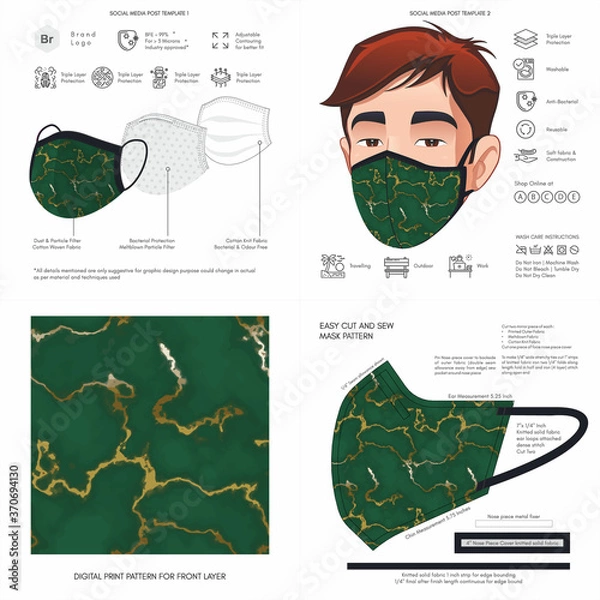 Fototapeta Abstract, Marble Print, Black, Dark, Marbling, Background Pattern Seamless Design for Face Mask, Pillow, Print, Fashion, Clothing, Fabric, Mockup Template Protective Face Mask Seamless Print Vector