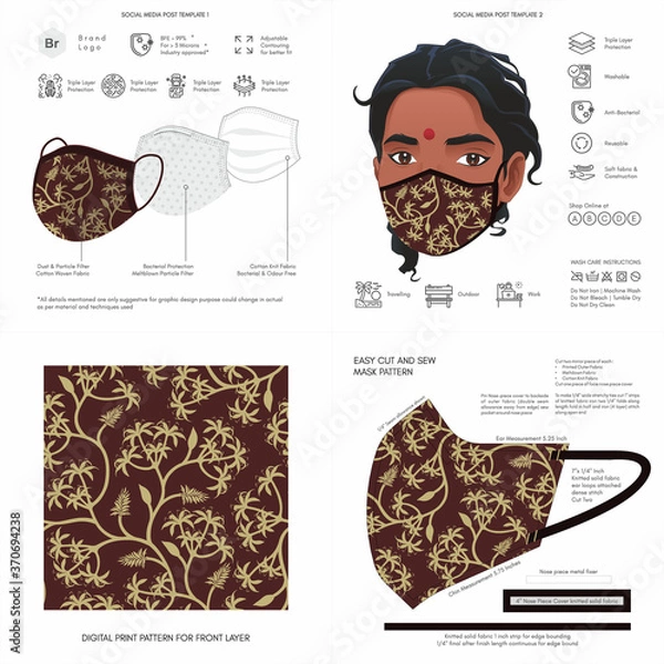 Fototapeta Abstract, Floral Print, Maroon, Light, Dark, Flower, Background Pattern Seamless Design for Face Mask, Pillow, Print, Fashion, Clothing, Fabric, Mockup Template Protective Face Mask Seamless Vector