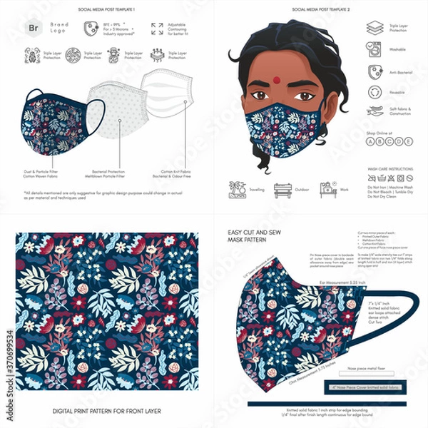 Fototapeta Abstract, Floral Print, Navy, Light, Dark, Flower, Background Pattern Seamless Design for Face Mask, Pillow, Print, Fashion, Clothing, Fabric, Mockup Template Protective Face Mask Seamless Vector