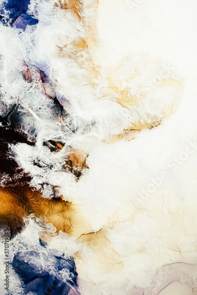 Fototapeta Marble texture. Ink water. Aerial seashore. Yellow sand blue ocean waves in white cloud abstract design. Land streak surface pattern art background. Luxury nature banner.