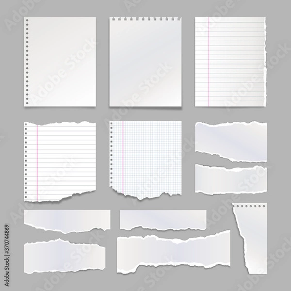Fototapeta Different blank torn notebook pages with shadow. Pieces of ripped paper for notes. Vector illustration