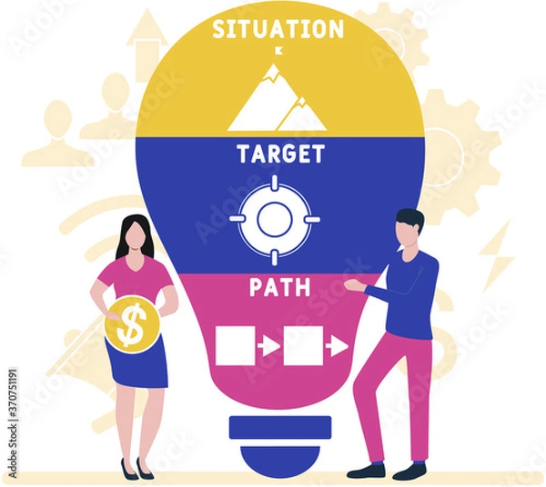 Fototapeta Flat design with people. STP - situation target path. Platform. business concept background. Vector illustration for website banner, marketing materials, business presentation, online advertising