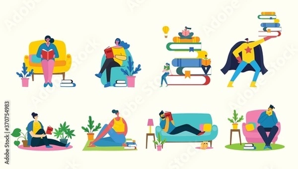 Fototapeta Vector concept illustrations of World Book Day, Reading the books and Book festival in the flat style. People sit, stand and walk and read a book
