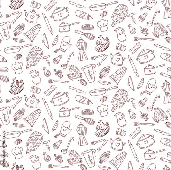 Obraz Kitchen cooking doodle line icons seamless vector pattern