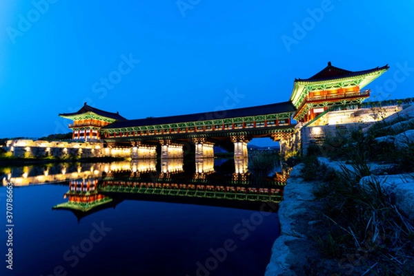 Obraz Traditional Korean style architecture, WaljungGyo Bridge, in Gyeongju city, South Korea, April 2020