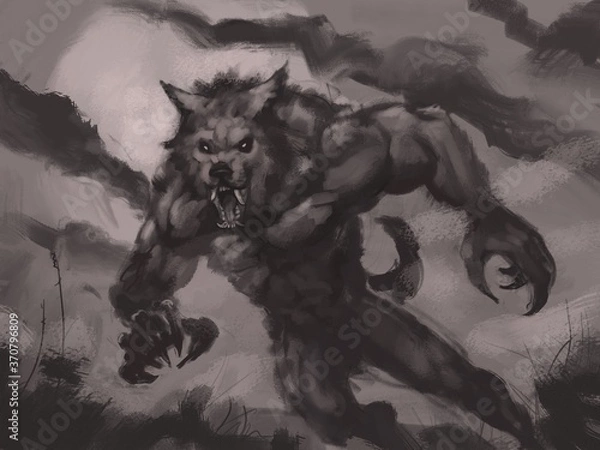 Fototapeta Cyfrowa ilustracja przerażającego stworzenia wilkołaka nurkującego w aparacie przy pełni księżyca - cyfrowy obraz fantasy