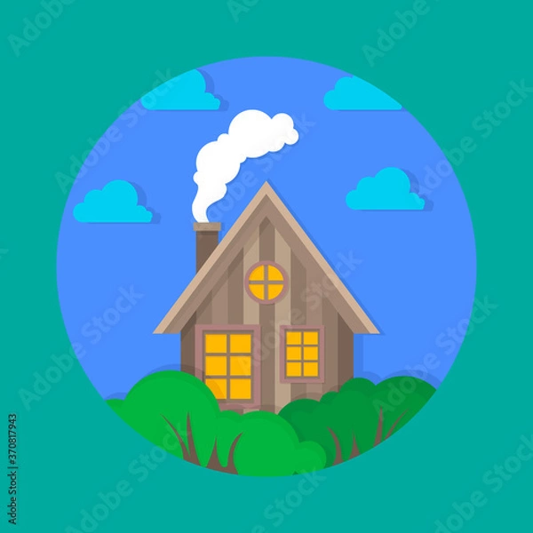 Fototapeta A sketch of a wooden hut with smoke from a chimney. Vector house
