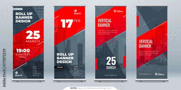 Fototapeta Red Business Roll Up Banner. Abstract Roll up background for Presentation. Vertical roll up, x-stand, exhibition display, Retractable banner stand or flag design layout for conference, forum.