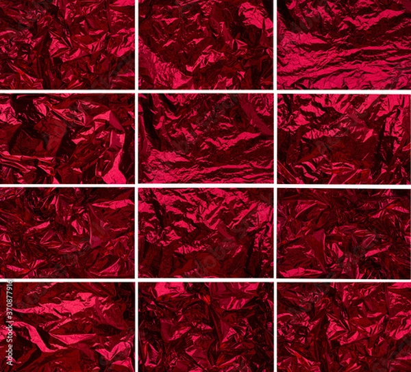 Fototapeta A large new year's collage of 12 photos of a red background. Festive Collage of red background with white frames.