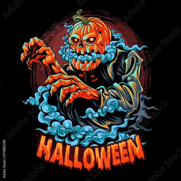 Fototapeta halloweenowy zombie z dyniową głową wypełnioną dymem wydobywającym się z ust
