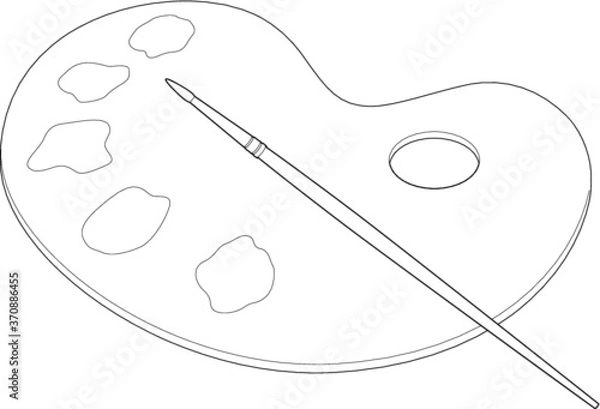 Fototapeta A vector line art illustration of a wooden art palette with blobs of paint and a brush