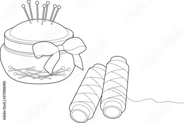 Fototapeta A vector line art illustration of sewing pins on a pin cushion and two sewing threads