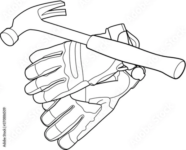Obraz A vector line art illustration of a pair of leather working gloves and a hammer