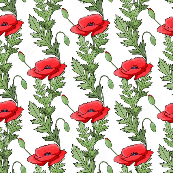 Obraz Vintage poppy seamless pattern, great design for any purpose. Doodle style texture. Geometric floral background. Fabric wallpaper with print texture.