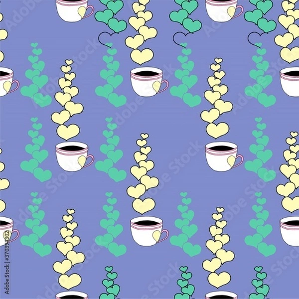 Obraz Valentines day seamless pattern with coffee cup and hearts. Beautiful greeting card with valentines day seamless pattern. Red heart valentine love logo vector. Holiday background.Vector illustration
