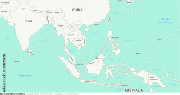 Fototapeta Southeast Asian Countries map. Detailed world Map Vector with Country,Capital,City Names.