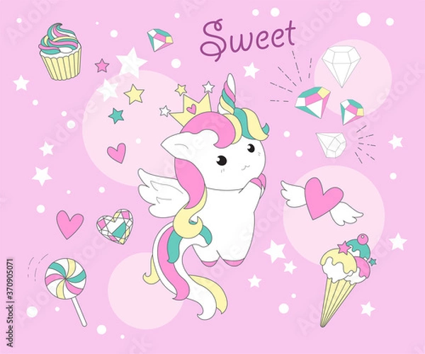 Obraz Cute Unicorn princess cartoon pony child vector, Kawaii animal character with heart, Nursery Fairy tales magic. For greeting card, Print t shirt, fashion art. 