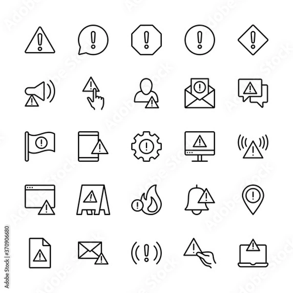 Fototapeta Warning and attention vector symbol icons set. Contains such icons as alert, exclamation mark, warning sign, danger, error and more. Isolated collection of alert for web sites. Editable stroke.