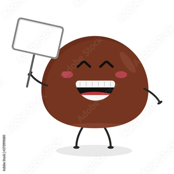 Fototapeta Cute flat cartoon chocolate ball holding a sign illustration. Vector illustration of cute chocolate ball with a smiling expression.