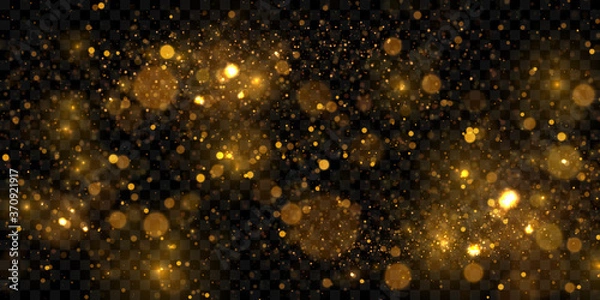 Fototapeta Glowing golden bokeh lights effect , sparkling particles isolated on dark transparent background	