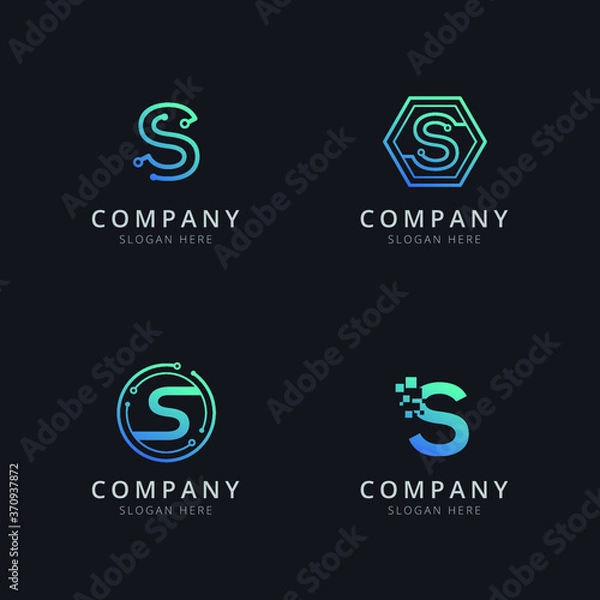 Fototapeta Initial S logo with technology elements in blue color 