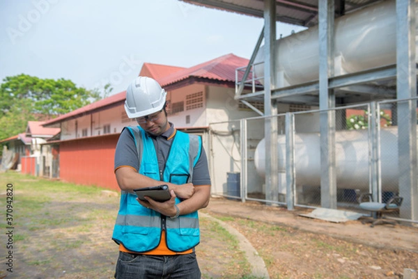 Obraz Engineers work place to keep liquid helium,preventive maintenance schedule checking,Thailand people