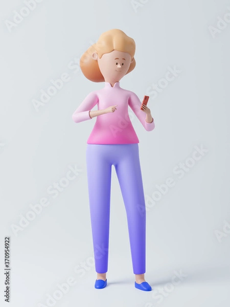 Fototapeta Cartoon character man and woman with smartphone. Concept of online delivery or chat between a guy and a girl. 3d rendering