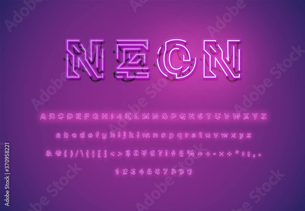 Fototapeta Realistic dashed neon font with shadows, glow and wires