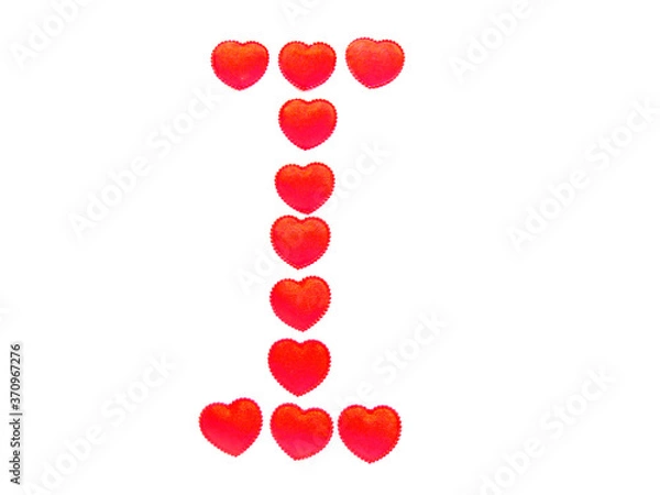 Fototapeta The letter I is made up of small red hearts isolated on a white background. Bright red font.