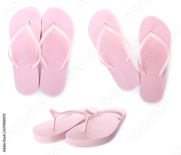 Fototapeta Collage with beach slippers on white background