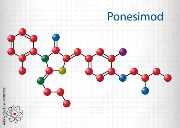 Fototapeta Ponesimod, experimental anti-inflammatory drug molecule. Treatment of multiple sclerosis MS and psoriasis. Sheet of paper in a cage
