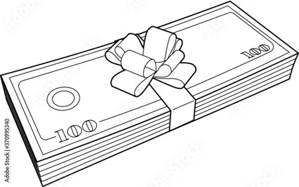Fototapeta A vector line art illustration of a pile of banknotes tied in a ribbon