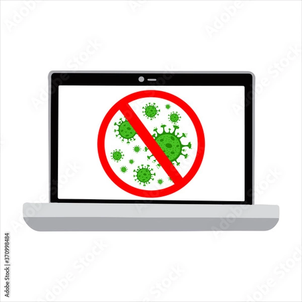 Fototapeta Icon of crossed-out viruses on the laptop. Computer virus, coronavirus, antivirus programs. Vector flat illustration.