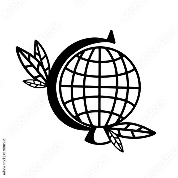Fototapeta Black and white globe with leaves.Vector illustration in the Doodle style.
