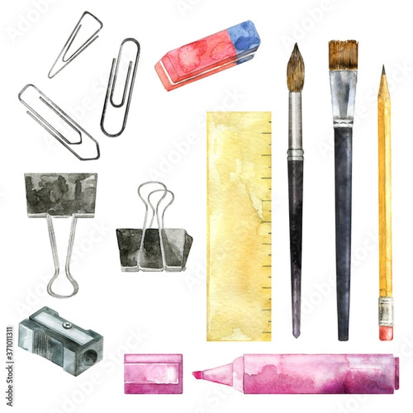 Obraz Hand drawn clips, pencil, brush, eraser, ruler, highlighter isolated on white. Watercolor illustration of office supplies. Elements for back to school design. Collection of stationery.