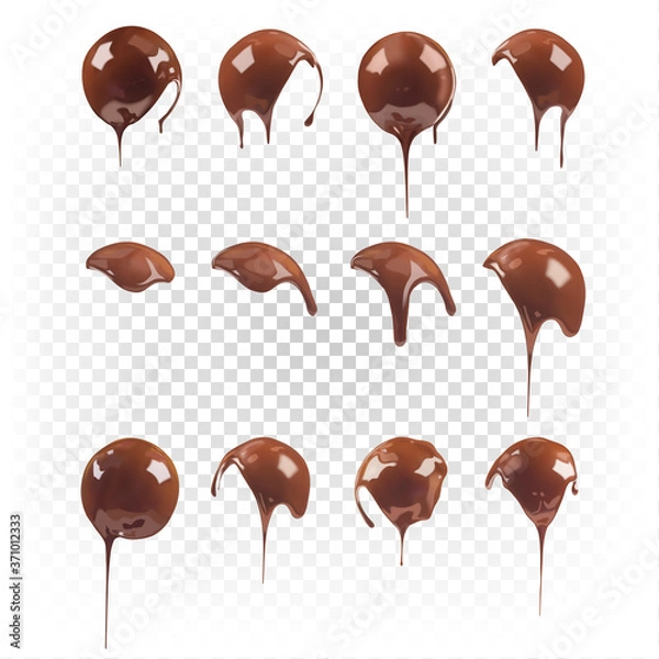 Obraz Big set of chocolate round shapes isolated on white transparent background. Vector 3d realistic illustration of chocolate liquid dessert. Sweet chocolate element.
