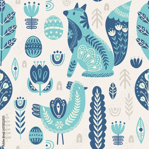 Obraz Seamless pattern in scandinavian style with bird and fox, tree, flowers, leaves, branches. Folk art. Vector nordic background with floral ornaments and animal illustrations. Home decorations.